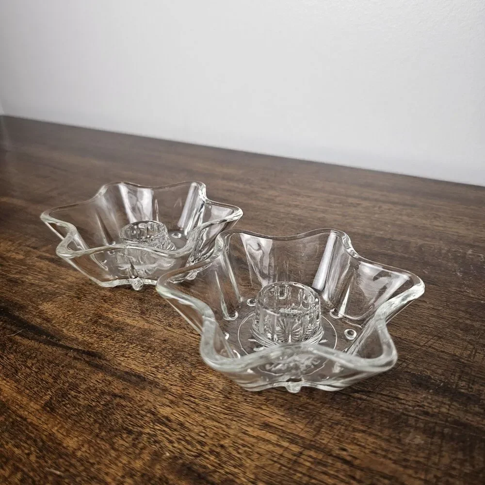 Vintage Anchor Hocking Star Candle Holders Clear Glass Celestial Set of 2